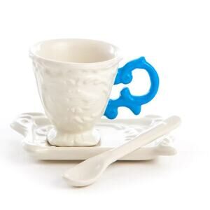 SELETTI I*Wares I*Coffee Porcelain Coffee Cup Blue Handle w/ Saucer NEW IN BOX